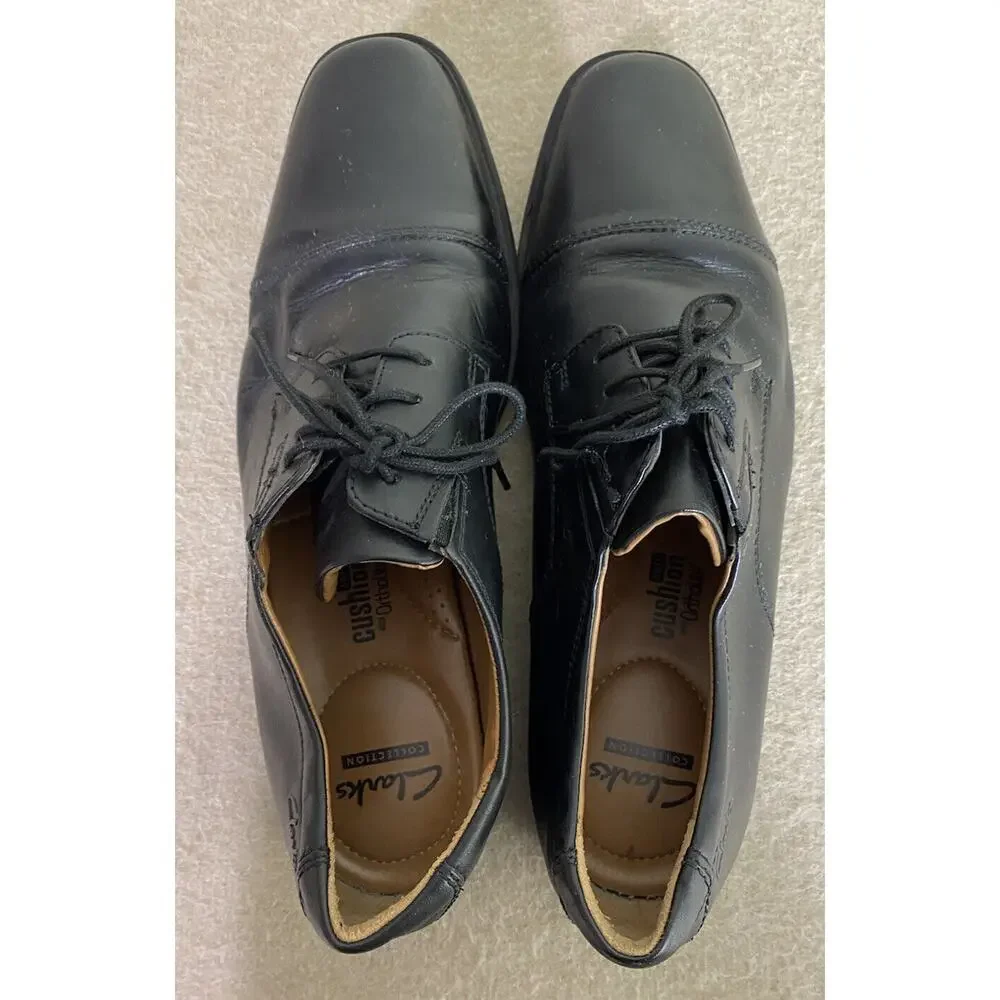 Men's Clarks Tilden Cap Oxford Black Leather Dress Shoes Sz 10 Cushion Ortholite